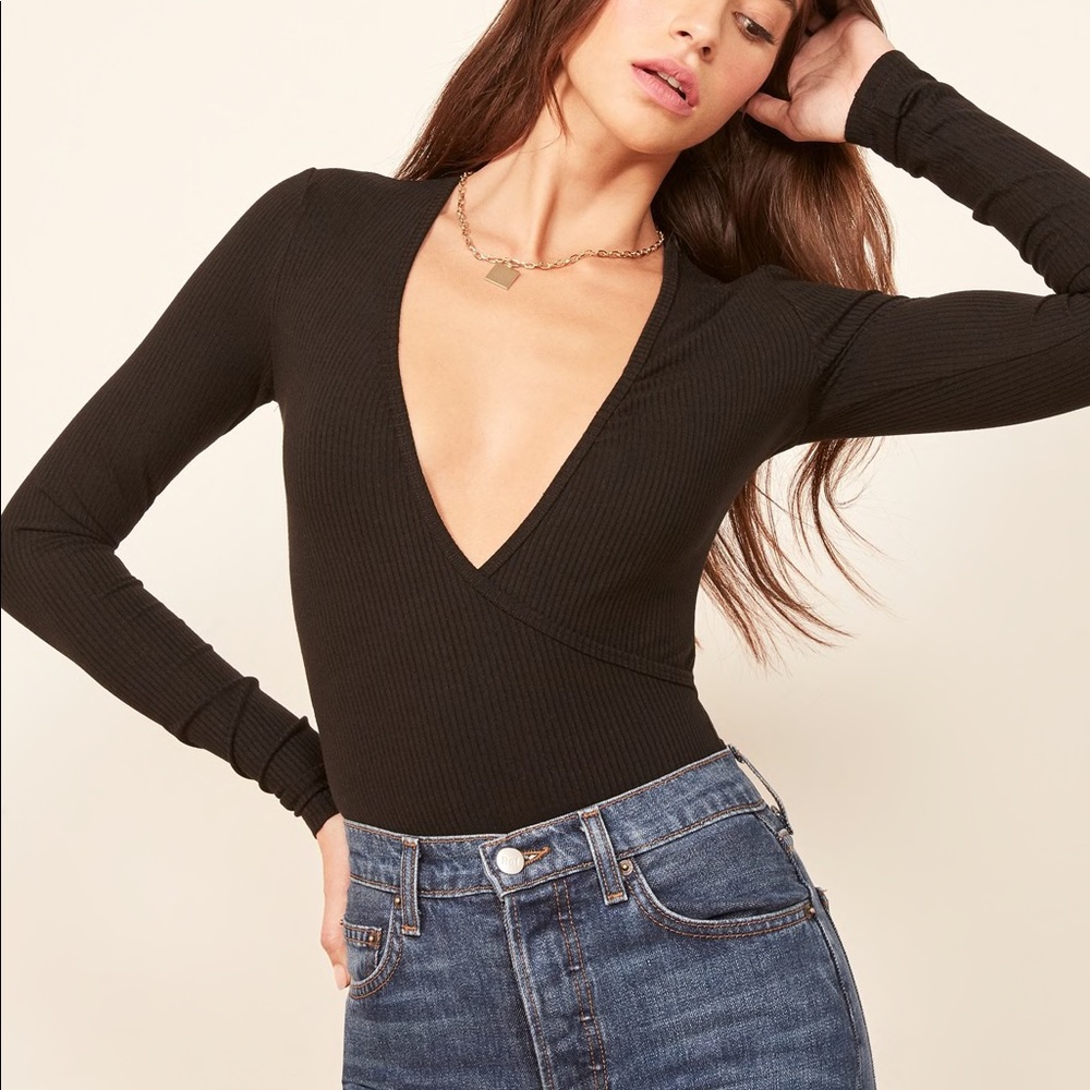 NWT Reformation Becky Bodysuit in Black Rib
